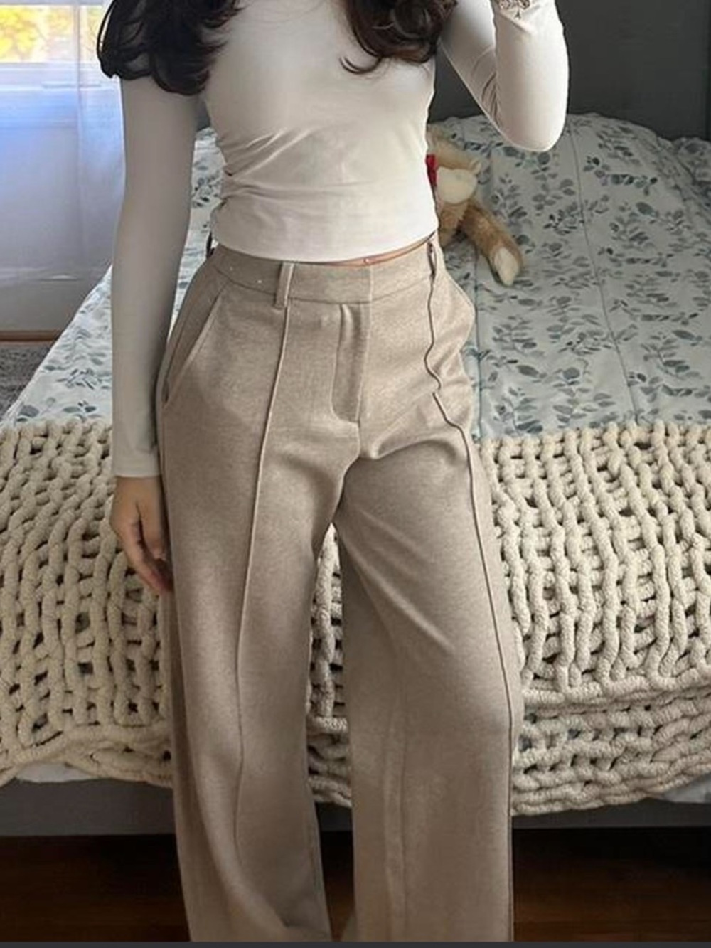 Uniqlo Beige High Waisted Tailored Trousers Wide Leg